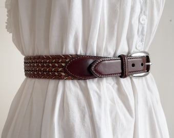 brown leather belt 90s plus size vintage Brighton woven belt