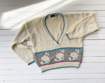 cat sweater 80s vintage cream blue pink knit sweater