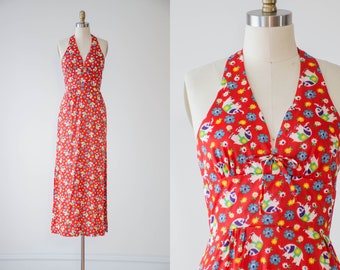 red halter dress | 60s 70s vintage elephant pattern cute novelty print strapless boho hippie long maxi dress