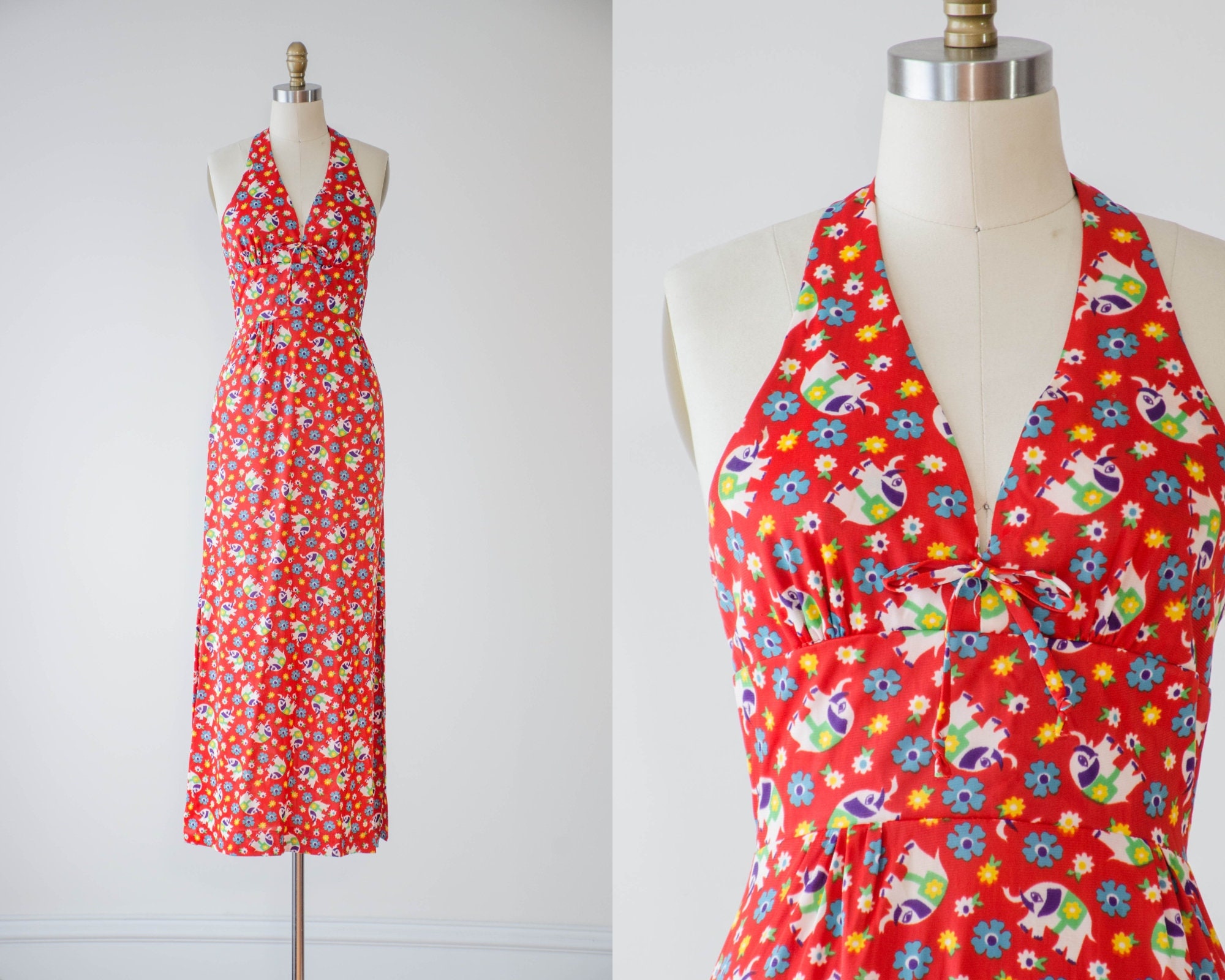 Red Halter Dress 60s 70s Vintage Elephant Pattern Cute Novelty Print Strapless Boho Hippie Long Maxi Dress Etsy UK