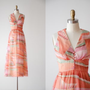 orange maxi dress 70s vtg Felix Arbeo for Aventura peach pink floor length gown