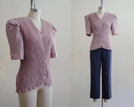sheer puff sleeve blouse | mauve blouse | plissé p