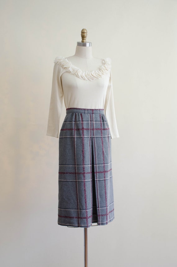 plaid wool skirt | 70s 80s vintage light gray bur… - image 5