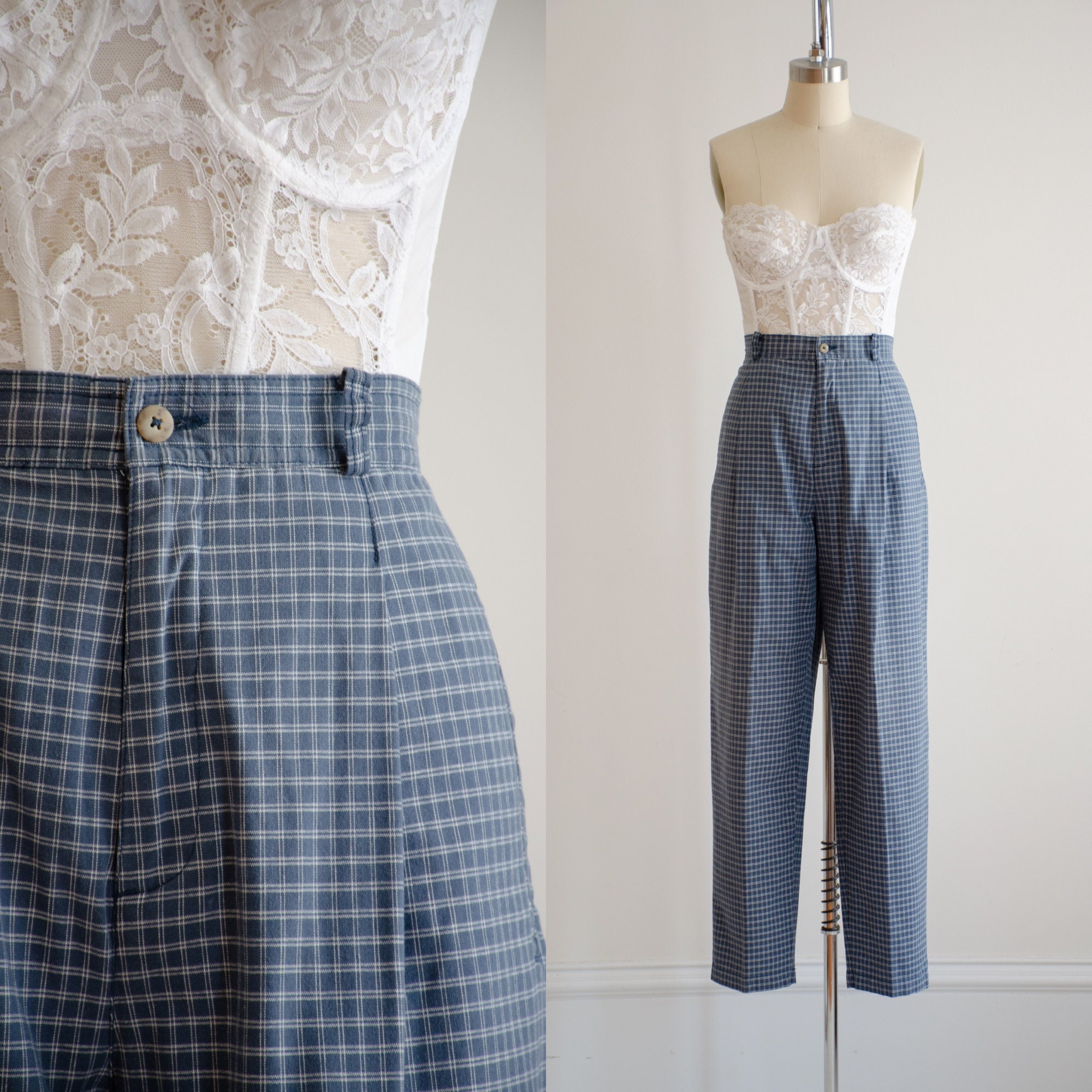 high waisted pants 80s 90s vintage Liz Claiborne blue white plaid checkered straight leg trousers 