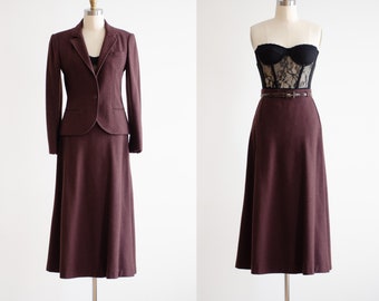 brown wool suit 70s 80s vintage Anne Klein dark brown wool midi skirt suit