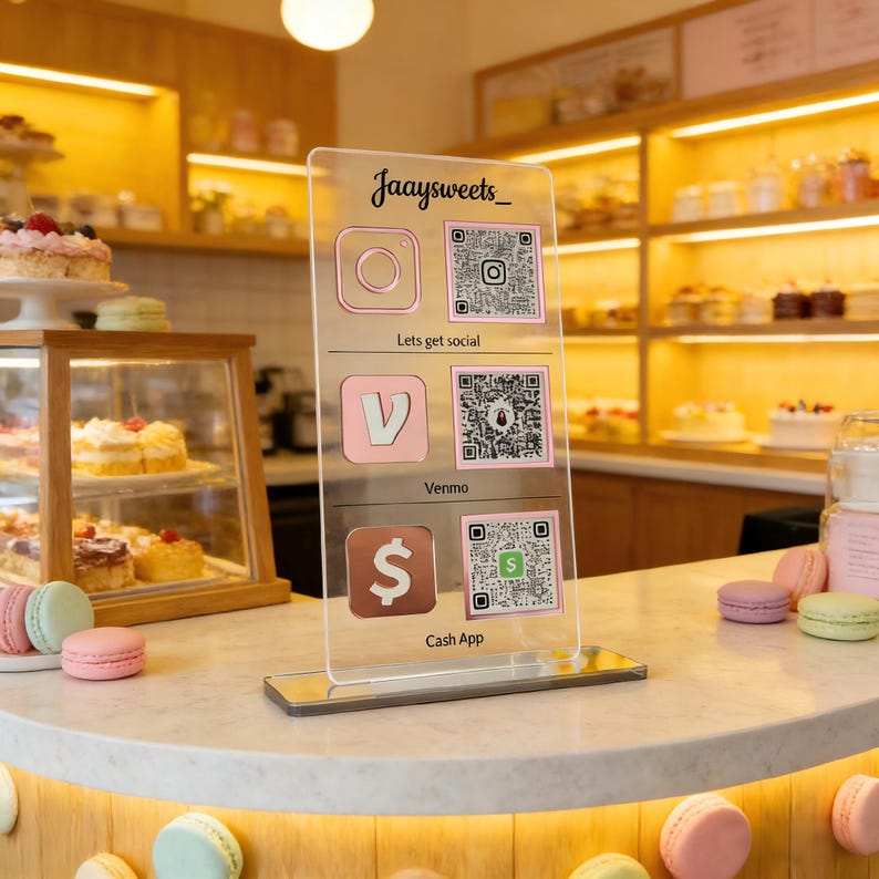Op de afbeelding: Een helder acryl bord met de tekst "Jaaysweets_" en social media iconen voor Instagram, Venmo en Cash App, elk met een QR-code. Het bord staat op een marmeren aanrecht in een bakkerij.