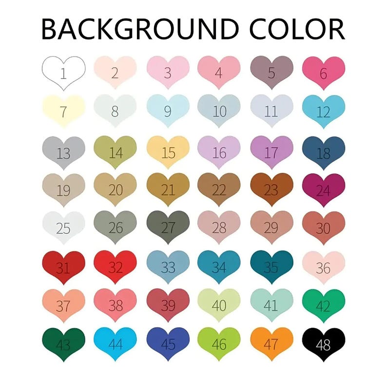 Op de afbeelding: Een kleurenkaart met 48 hartvormige kleurstalen, genummerd van 1-48, tegen een witte achtergrond. De tekst "BACKGROUND COLOR" staat bovenaan. De kleuren vari&euml;ren van lichte pasteltinten tot levendige tinten, waaronder roze, blauw, groen en bruin.