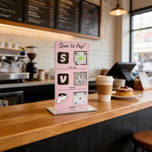Letrero con código QR múltiple personalizado en 3D: escanea para pagar con Venmo, PayPal Cash App, Instagram y sitio web. Letrero para tienda emergente para pequeñas empresas.