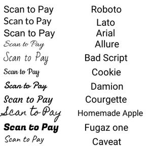 Op de afbeelding: Op een witte achtergrond staat de tekst "Scan to Pay" in diverse lettertypen, gekoppeld aan lettertypenamen zoals Roboto, Lato en Arial. De afbeelding toont verschillende typografische stijlen voor gebruik.