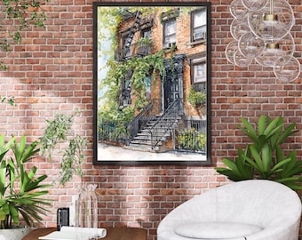 Stampa acquerello di Brownstone di New York City – Arte murale architettonica dell'East Village – Arredamento per la casa di New York – Illustrazione di paesaggio urbano