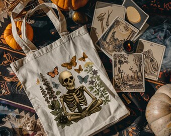 Apothecary Tote Bag with Skeleton, Nightshade & Monkshood, Emo Gift, Goth Gifts, Summerween Tote, Skull Moth, Gothic Tote Bag, Library Bag