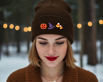 Embroidered Beanie with Halloween Symbols, Cuffed Beanie, Unisex Skatewear, Pumpkin Embroidery, Pumpkin Hat, Witch Aesthetic