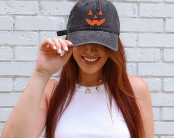 Embroidered Jack-o'-Lantern Vintage Dad Hat, Unisex Halloween Hat, Pumpkin Face Cap, Halloween Gift, Witch Aesthetic, Gift for Girlfriend