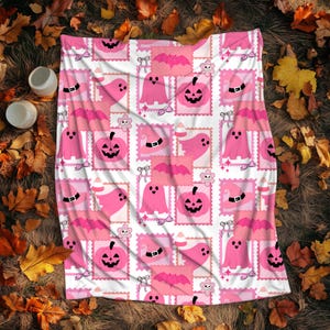 Pink Ghost Blanket, Pink Halloween Blanket, Summerween Party, Ghost Throw Blanket, Halloween Stamps Design, Spooky Summer, Goth Gift for Her