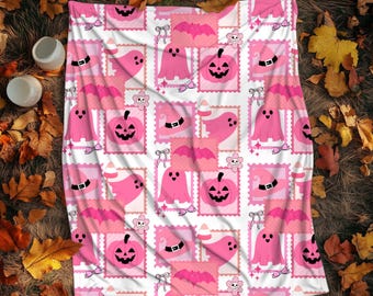 Manta rosa de fantasmas, manta rosa de Halloween, fiesta de verano, manta de fantasmas, diseño de sellos de Halloween, verano espeluznante, regalo gótico para ella