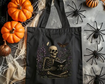 Apothecary Tote Bag with Skeleton, Nightshade & Monkshood, Emo Gift, Goth Gifts, Summerween Tote, Skull Moth, Gothic Tote Bag, Library Bag