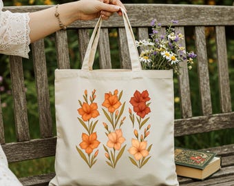 August Birth Month Tote, Gladiolus, Floral Print Canvas Bag, Birth Flower Bouquet, August Birthday Gift for Her, August Birth Flower, August