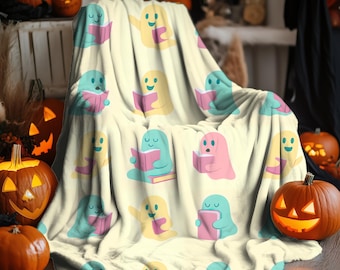 Manta de Halloween con fantasma rosa, manta de fantasma, diseño de fantasma de libro, manta de Halloween, decoración de verano, fantasmas pastel, regalo para ella, peluche