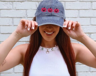 Pink Pumpkin Embroidered Vintage Dad Hat, Halloween Gift for Girlfriend, Unisex Halloween Cap, Autumn Hat, Hot Ghoul Summer