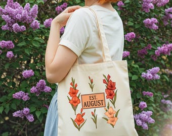 August Birth Month Tote, Gladiolus, Floral Print Canvas Bag, Birth Flower Bouquet, August Birthday Gift for Her, August Birth Flower, August
