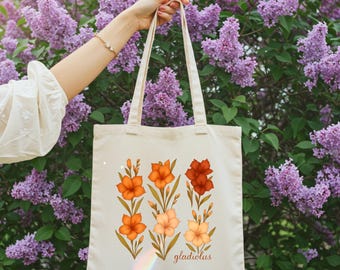 August Birth Month Tote, Gladiolus, Floral Print Canvas Bag, Birth Flower Bouquet, August Birthday Gift for Her, August Birth Flower, August
