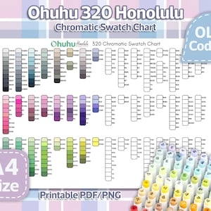 Ohuhu 320 Honolulu Marker Color Chart, Printable A4 PDF & PNG, Printable Color Chart, Marker Chart, Color Chart, Ohuhu Markers, Swatch Chart