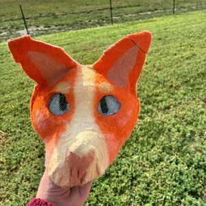 May include: A handmade cat mask with orange, white, and peach coloring. The mask has large, expressive eyes and pointed ears. The mask is held up against a green field.