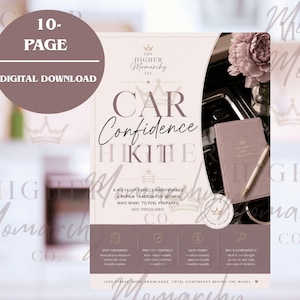 May include: A 10-page digital download titled Car Confidence Kit. The document features a light pink background with dark text, including the logo The Higher Memarchy Co. It includes sections for vehicle maintenance and repair tracking.