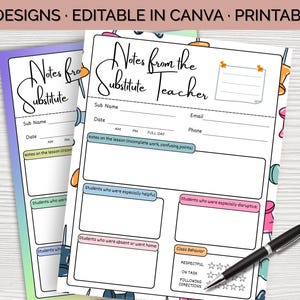 May include: Two printable "Notes from the Substitute Teacher" forms with a pen. The forms have sections for sub name, date, lesson notes, and student behavior. The text "5 Designs - Editable in Canva - Printable" is at the top.
