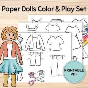 May include: A colorful paper doll set with a cartoon girl in a blue skirt and orange jacket. The set includes printable paper doll clothes and a pair of scissors. The text "Paper Dolls Color & Play Set" is at the top.