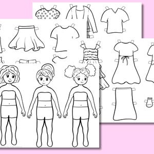 May include: Black and white paper doll set with three dolls and various clothing options. Includes dresses, skirts, tops, and accessories. The dolls have different hairstyles and are ready to be dressed up.