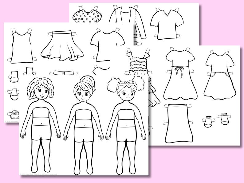 May include: Black and white paper doll set with three dolls and various clothing options. Includes dresses, skirts, tops, and accessories. The dolls have different hairstyles and are ready to be dressed up.