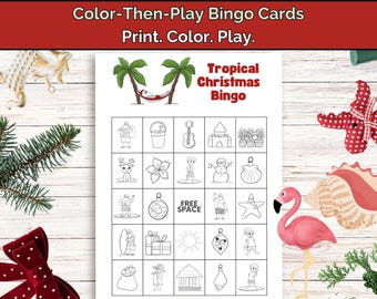 Bingo natalizio tropicale da colorare e poi giocare / Gioco invernale stampabile per bambini da fare in classe