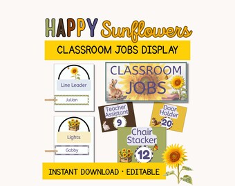 Editable Classroom Jobs Display | Class Job Chart Sunflowers Classroom Management