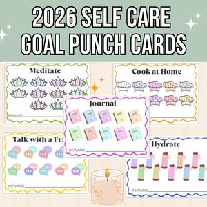 以下が含まれることがあります： 2026年のセルフケア目標パンチカードのコレクション。瞑想、料理、日記、交流、水分補給のイラストが特徴です。各カードには報酬のスペースがあります。デザインにはキャンドルと装飾的な星が含まれています。
