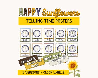 Time Posters for Classroom | Hour Clock Display for Cheerful Sunflower Math Decor