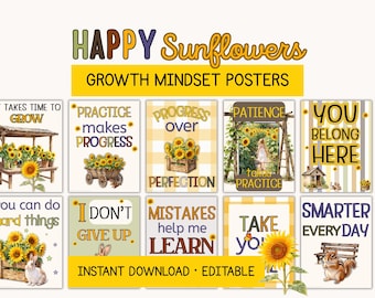 Growth Mindset Posters Sunflower Classroom Decor Printable and Editable