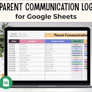 Op de afbeelding: Een laptop toont een sjabloon voor een "Oudercommunicatielogboek" voor Google Sheets. De spreadsheet toont kolommen voor datum, leerling, contactnaam en methode. De bovenste banner luidt "OUDERCOMMUNICATIELOGBOEK voor Google Sheets".