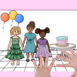 May include: Illustration of three girls in dresses holding hands, with balloons and a cake. The girls are wearing green, blue, and purple dresses. Balloons are orange, yellow, and blue. A cake with pink frosting sits on a table.