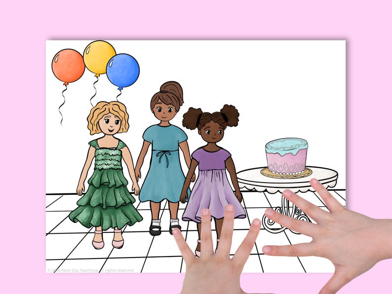 May include: Illustration of three girls in dresses holding hands, with balloons and a cake. The girls are wearing green, blue, and purple dresses. Balloons are orange, yellow, and blue. A cake with pink frosting sits on a table.