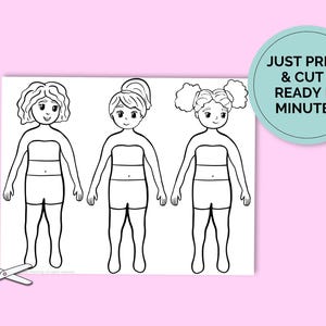 May include: Black and white printable paper dolls with different hairstyles. The dolls are standing on a white background. A pair of pink scissors is on the bottom left. A teal circle with the text "JUST PRINT & CUT - READY IN MINUTES" is on the top right.
