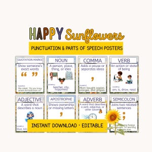 Może przedstawiać: Zestaw ośmiu plakatów edukacyjnych zatytułowanych HAPPY Sunflowers Punctuation & Parts of Speech Posters. Każdy plakat przedstawia zagadnienie gramatyczne, takie jak rzeczownik, czasownik lub przecinek, wraz z definicjami, przykładami i ilustracjami.