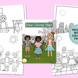 May include: A collection of coloring pages featuring line drawings of girls in various settings. The pages include scenes of girls in a room, outdoors, and in a city. The cover reads "Bonus Coloring Pages".