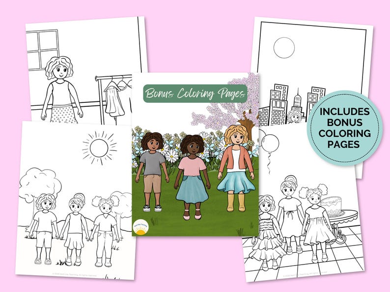 May include: A collection of coloring pages featuring line drawings of girls in various settings. The pages include scenes of girls in a room, outdoors, and in a city. The cover reads "Bonus Coloring Pages".