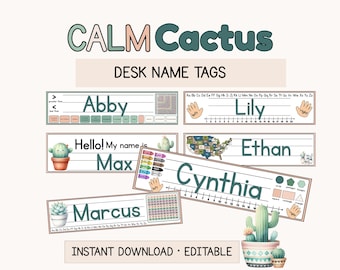 Editable Desk Name Tags | Student Name Plates Classroom Decor Calm Cactus Theme