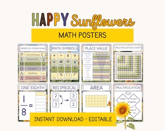 Sunflowers Math Posters Bundle | Fractions, Operation Charts, Math Symbols, Classroom Decor