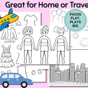 May include: Paper doll set with three figures and various outfits, including dresses, tops, and jackets. The set includes a blue car and a yellow airplane. Text reads "Great for Home or Travel" and "Packs Flat, Plays Big."