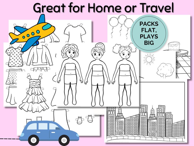 May include: Paper doll set with three figures and various outfits, including dresses, tops, and jackets. The set includes a blue car and a yellow airplane. Text reads "Great for Home or Travel" and "Packs Flat, Plays Big."