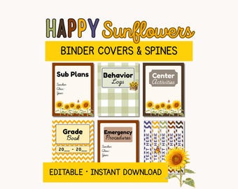 Sunflower Binder Covers Teacher Editable Classroom Organization Printable Spines