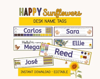 Editable Desk Name Tags | Student Name Plates Classroom Decor Happy Sunflowers Theme